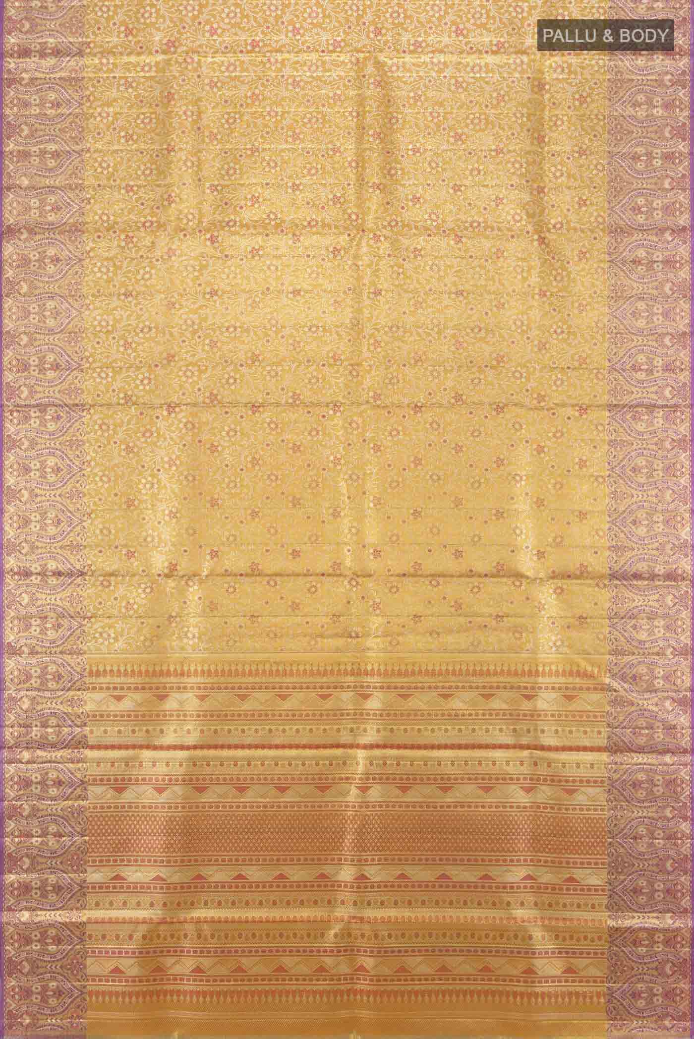 Flat view of Pure Silk Pure Zari Golden Kanchipuram Saree with Zari Butta on the body and Silk Border. 