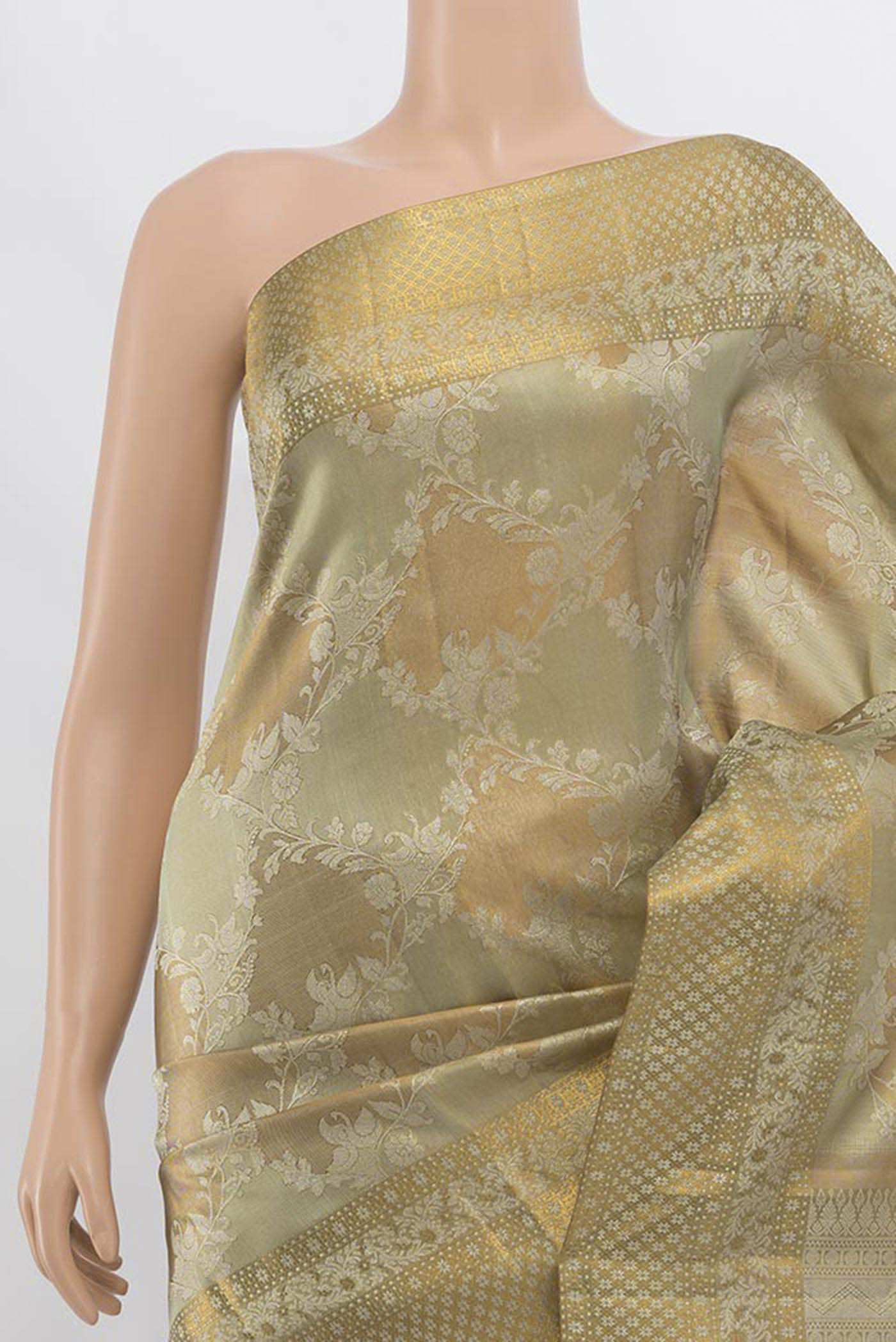 Border image of Golden Kanjivaram Silk Saree with Zari Butta on the body and Silk Border. 