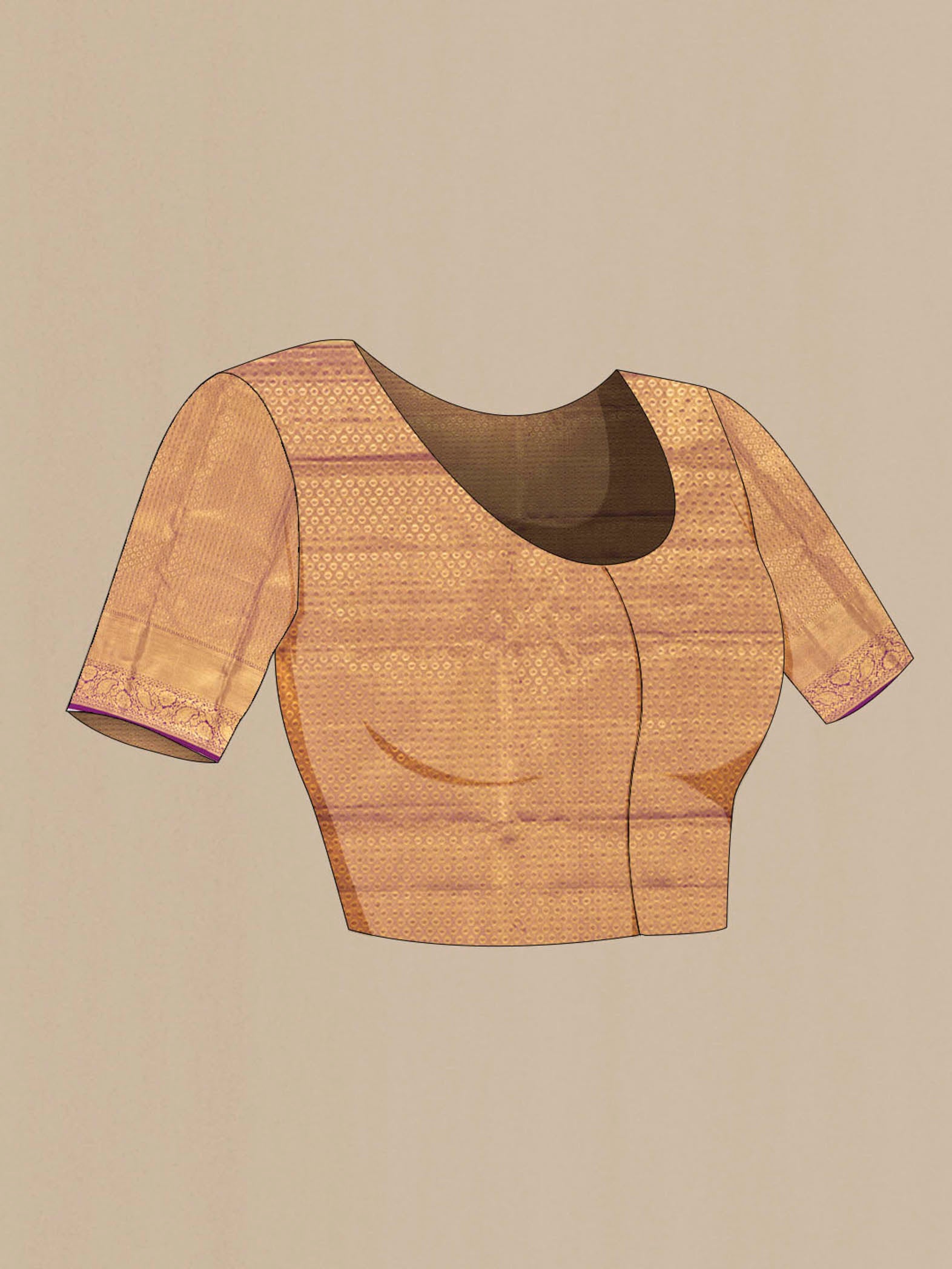 Close up image of the blouse of Golden Kanchipuram Silk Saree with Zari Butta on the body and Silk Border. 