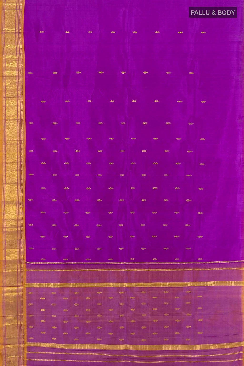 Flat view of Purple Kanjivaram Silk Saree with Zari Butta on the body and Silk Border. 