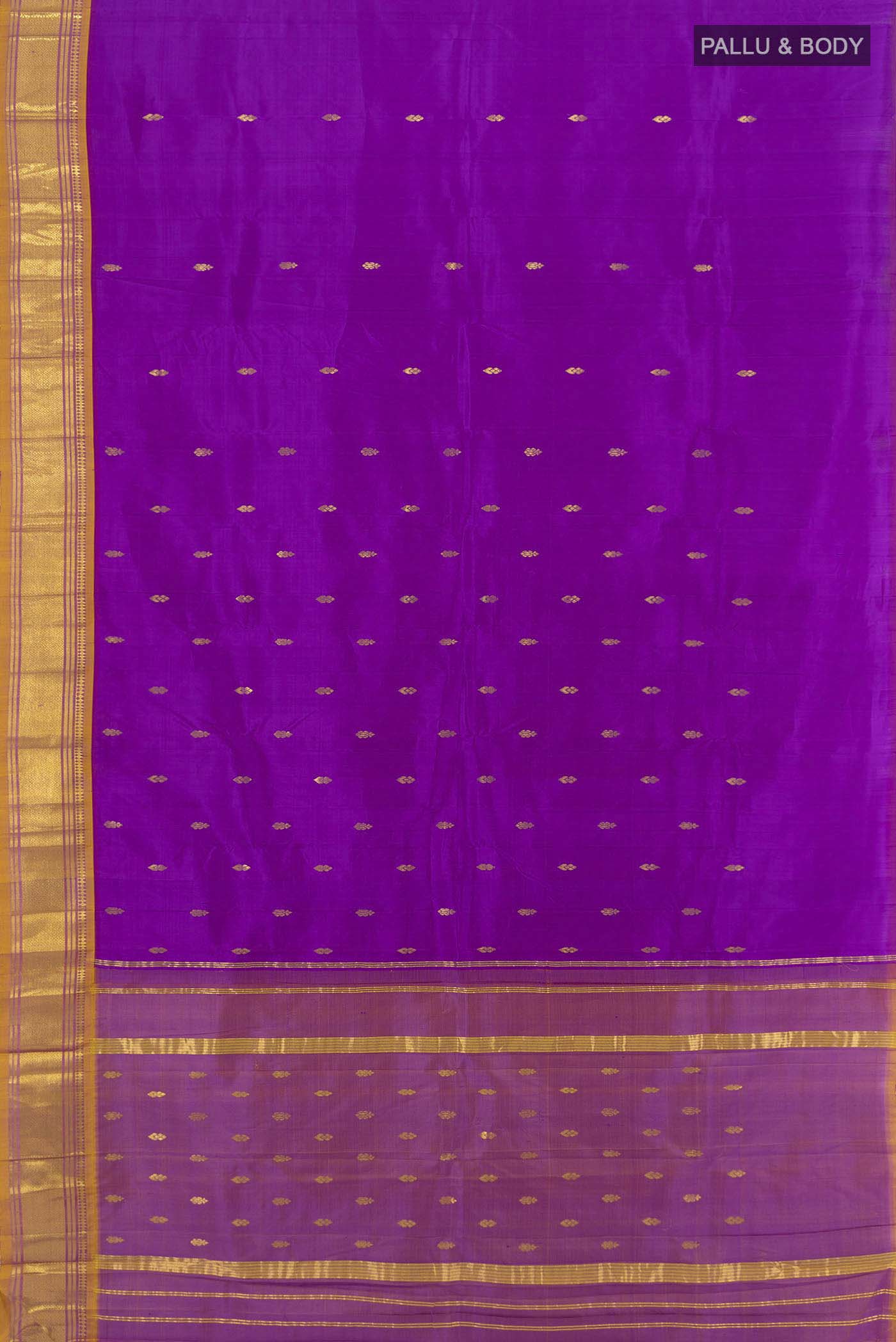Flat view of Purple Kanjivaram Silk Saree with Zari Butta on the body and Silk Border. 