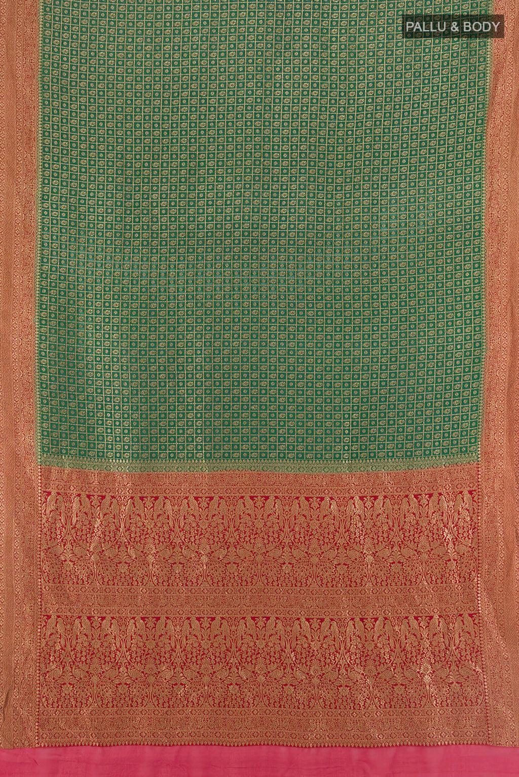 Flat view of Mint Green Banarasi Georgette Saree with Zari Butta on the body and Silk Border. 