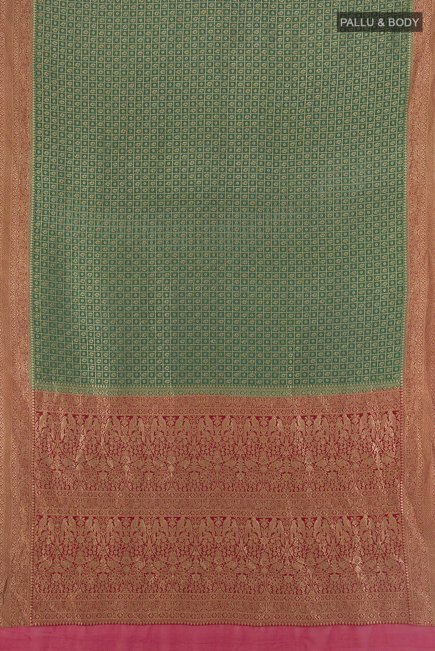 Flat view of Mint Green Banarasi Georgette Saree with Zari Butta on the body and Silk Border. 