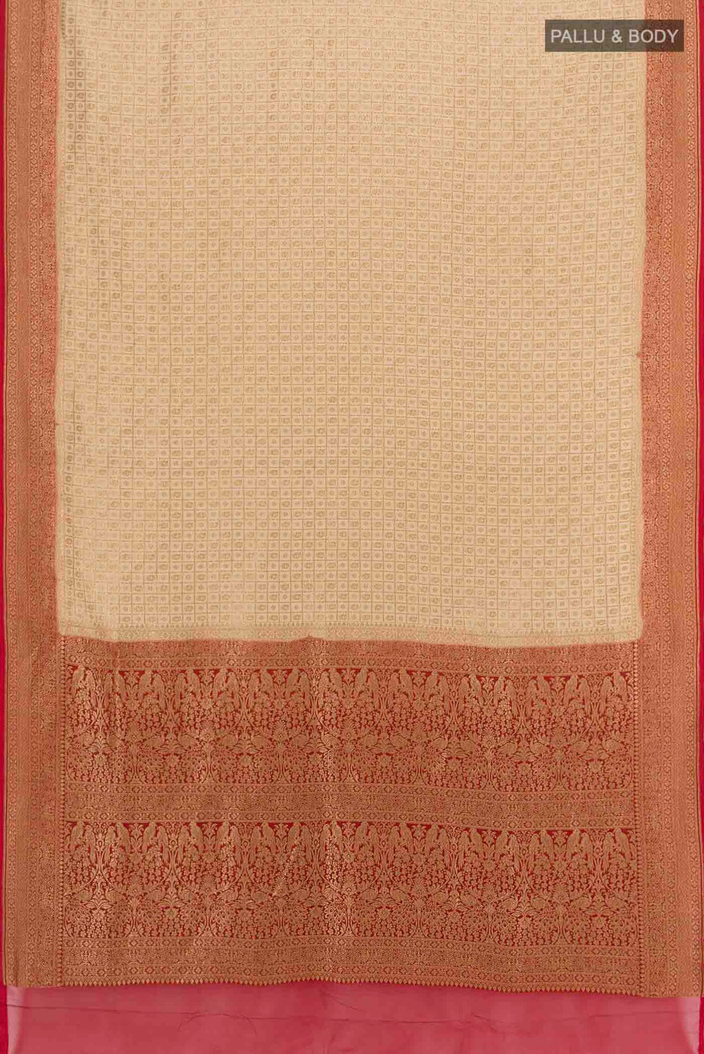 Flat view of Cream Banarasi Georgette Saree with Zari Butta on the body and Silk Border. 