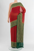 Red Banarasi Georgette Saree with Zari Butta on the body and Zari Border.  displayed on a mannequin