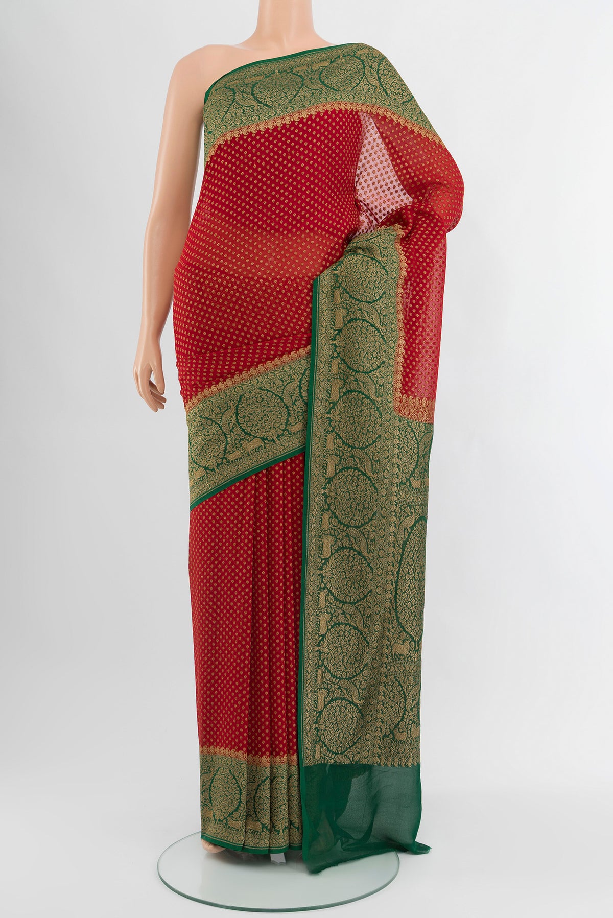 Red Banarasi Georgette Saree with Zari Butta on the body and Zari Border.  displayed on a mannequin