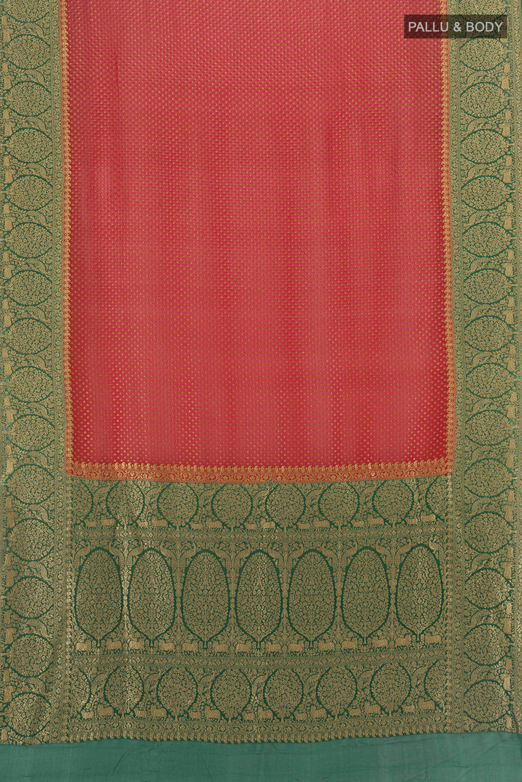 Flat view of Red Banarasi Georgette Saree with Zari Butta on the body and Zari Border. 