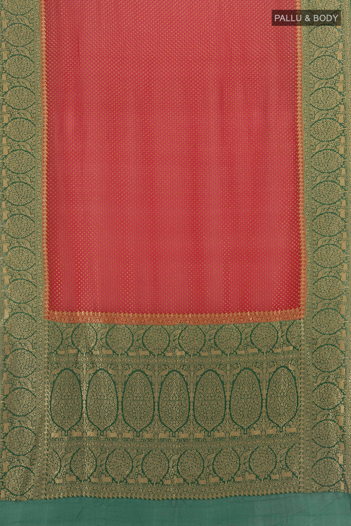 Flat view of Red Banarasi Georgette Saree with Zari Butta on the body and Zari Border. 