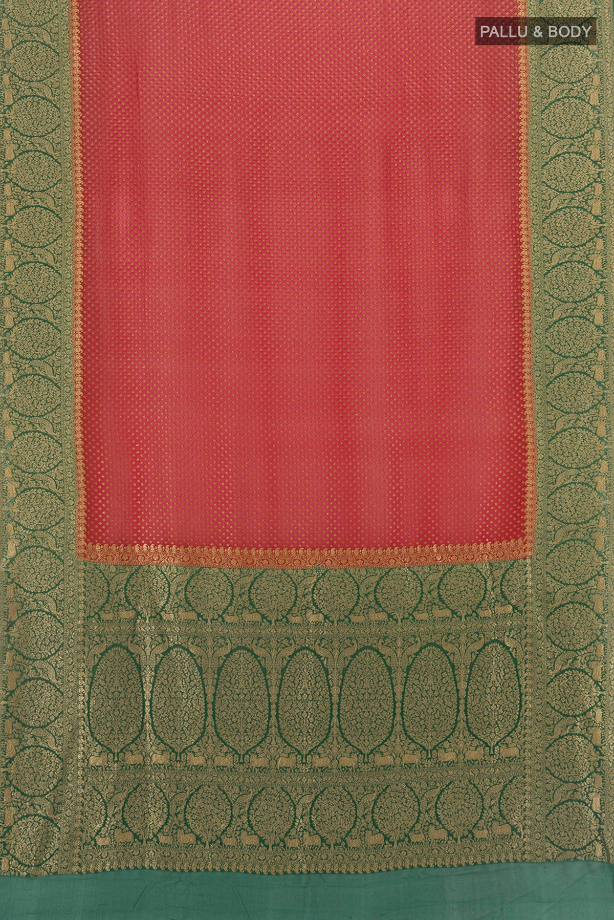 Flat view of Red Banarasi Georgette Saree with Zari Butta on the body and Zari Border. 