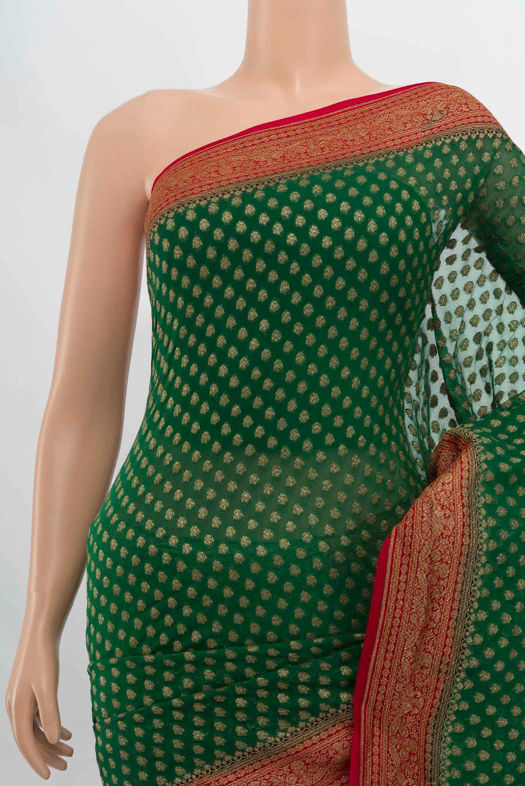 Border image of Bottle Green Banarasi Georgette Saree with Zari Butta on the body and Silk Border. 