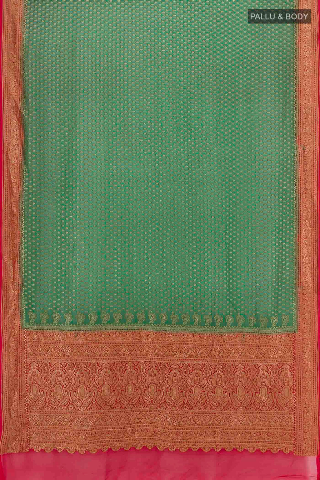 Flat view of Bottle Green Banarasi Georgette Saree with Zari Butta on the body and Silk Border. 