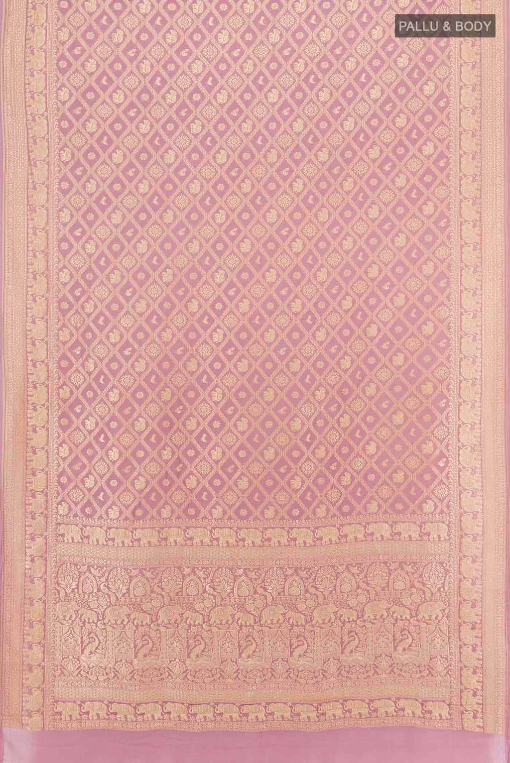 Flat view of Golden Banarasi Georgette Saree with Zari Butta on the body and Silk Border. 