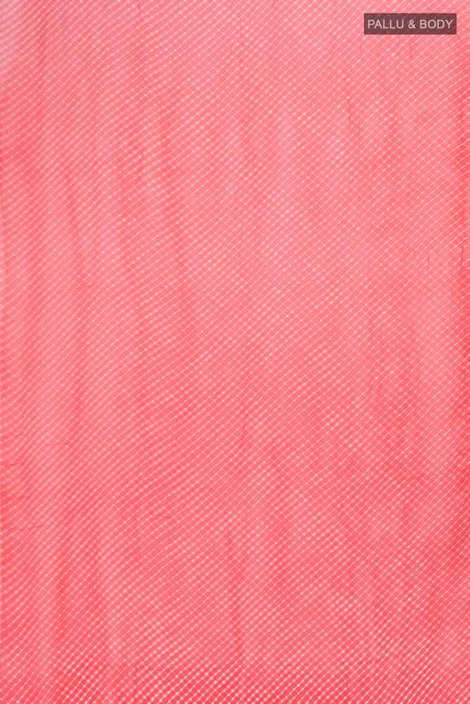 Flat view of Pure Silk Pure Zari Peach Bandhani Georgette Saree with Bandhani on the body and Checks Border. 