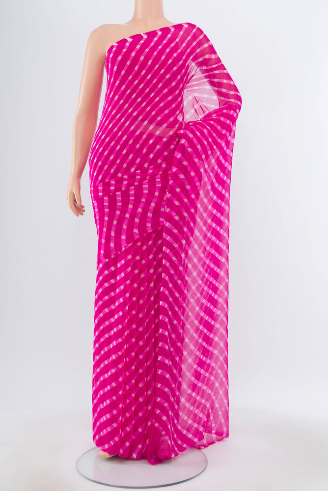 Pure Silk Pure Zari Dark Pink Bandhani Georgette Saree with Bandhani on the body and Checks Border.  displayed on a mannequin