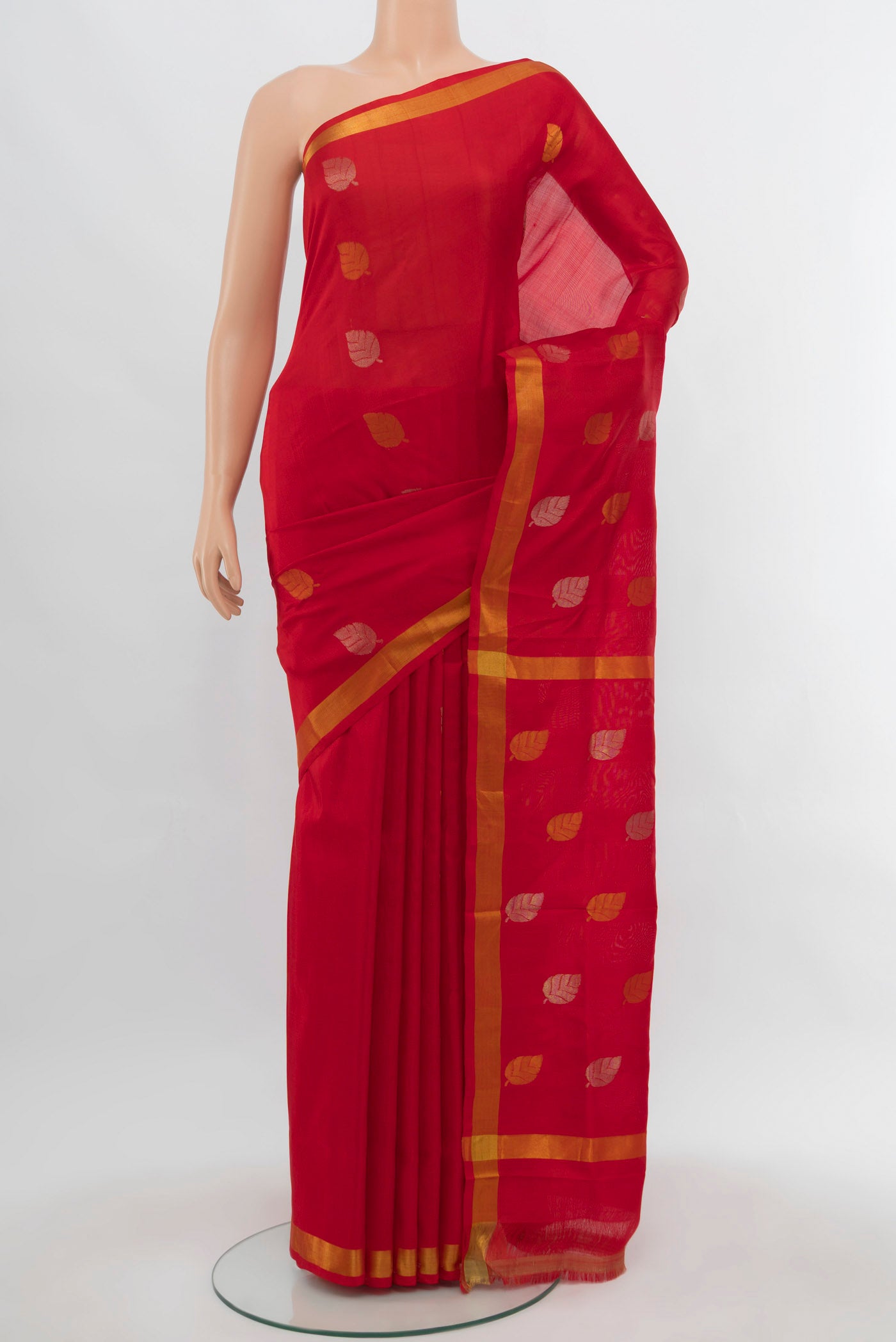 Imperial Red Uppada Silk Saree with Zari Butta on the body and Silk Border.  displayed on a mannequin