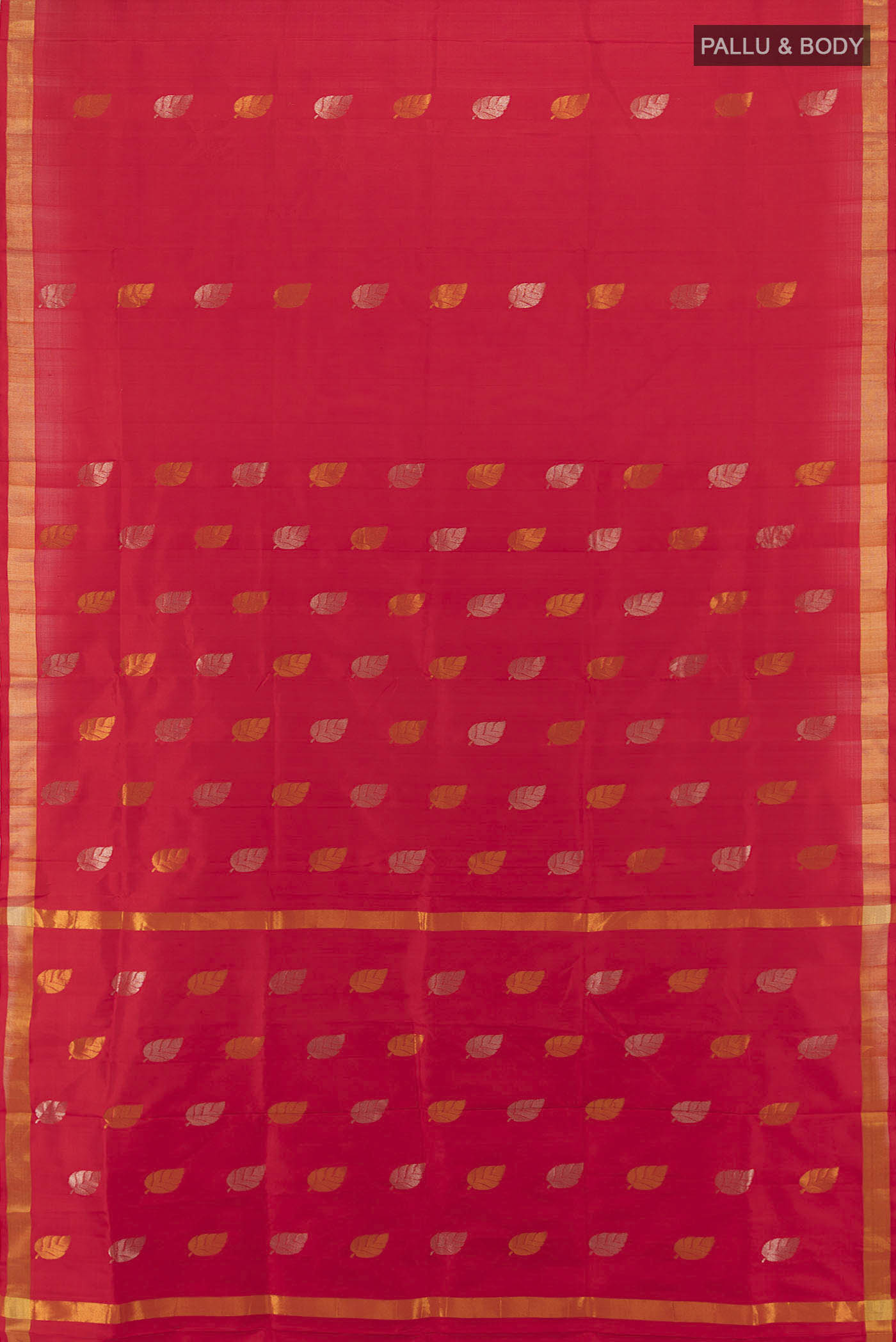 Flat view of Imperial Red Uppada Silk Saree with Zari Butta on the body and Silk Border. 