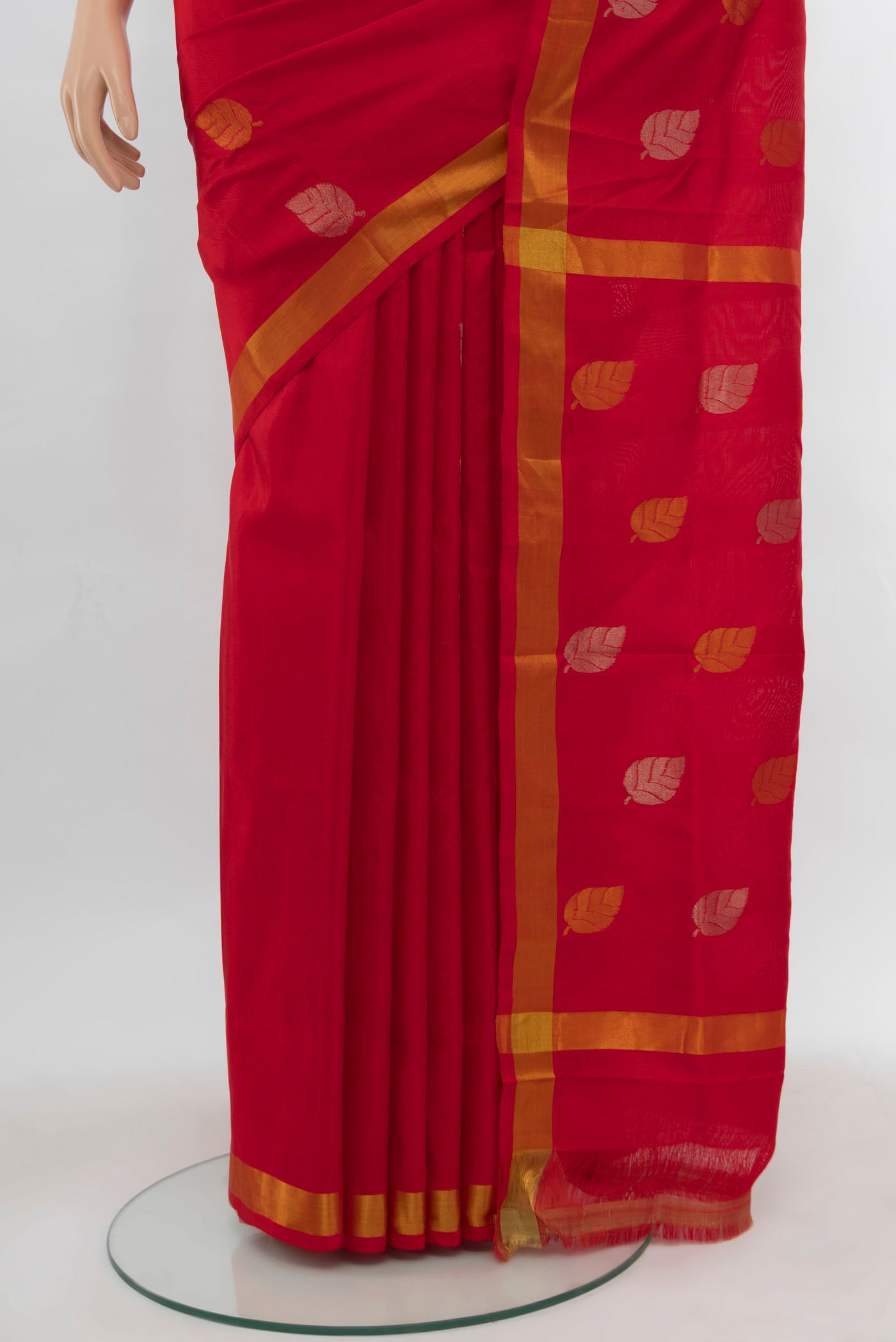 Pleats and pallu of Imperial Red Uppada Silk Saree with Zari Butta on the body and Silk Border. 