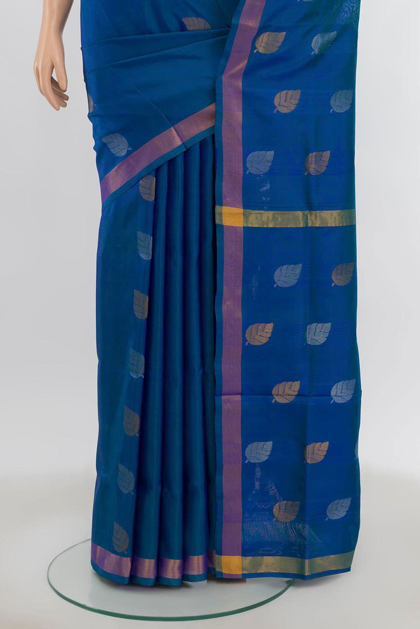 Pleats and pallu of Dark Blue Uppada Silk Saree with Zari Butta on the body and Silk Border. 