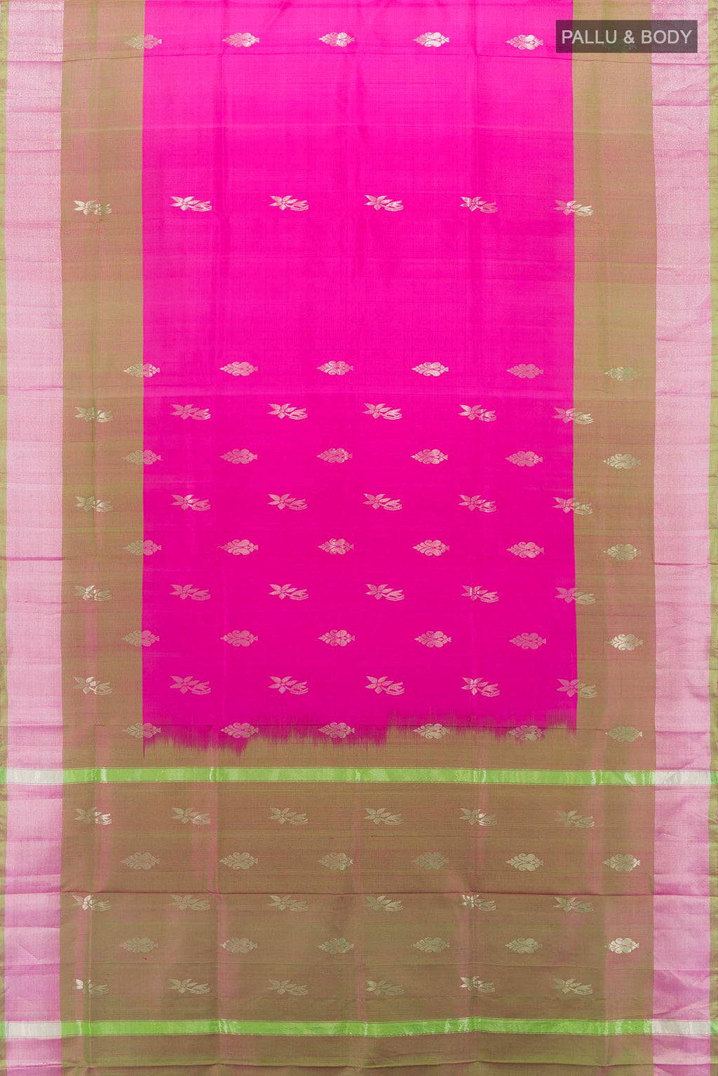 Flat view of Magenta Uppada Silk Saree with Zari Butta on the body and Zari Border. 