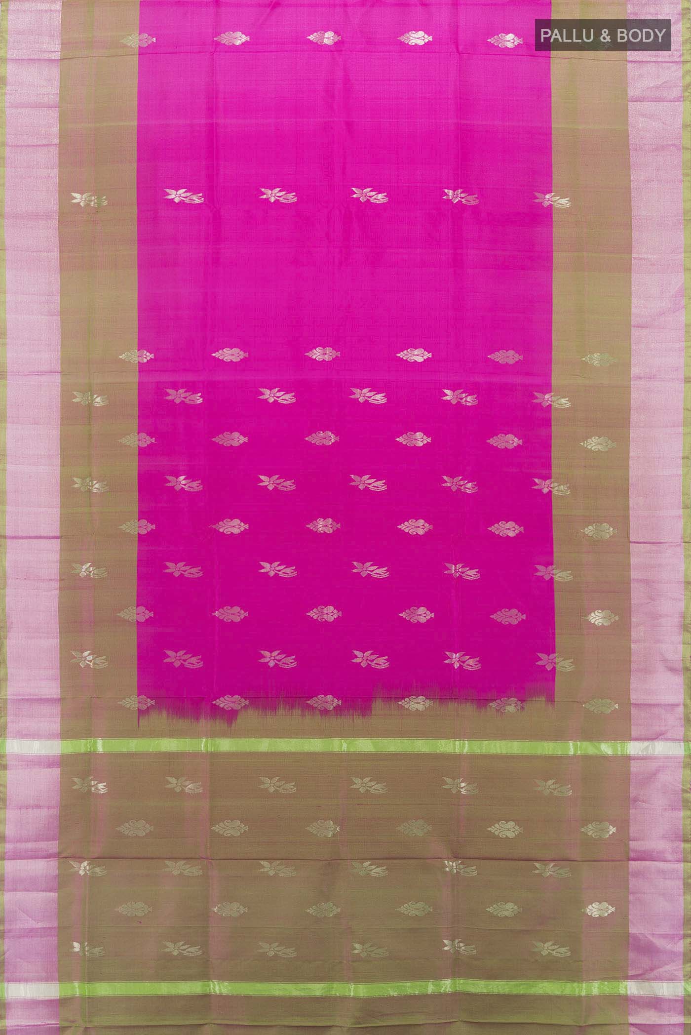 Flat view of Magenta Uppada Silk Saree with Zari Butta on the body and Zari Border. 