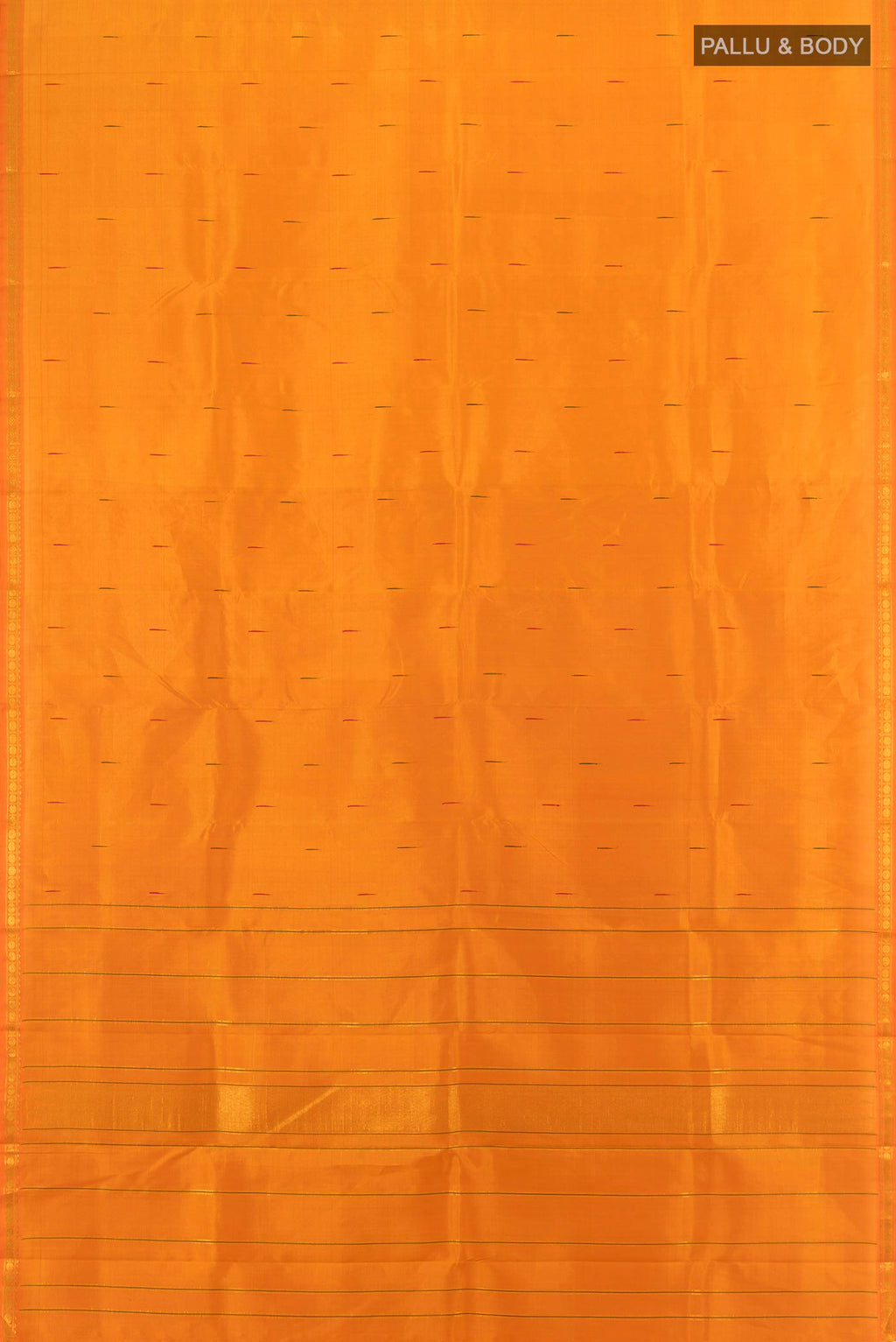 Flat view of Brick Orange Kanchipuram Silk Saree with Zari Butta on the body and Zari Border. 