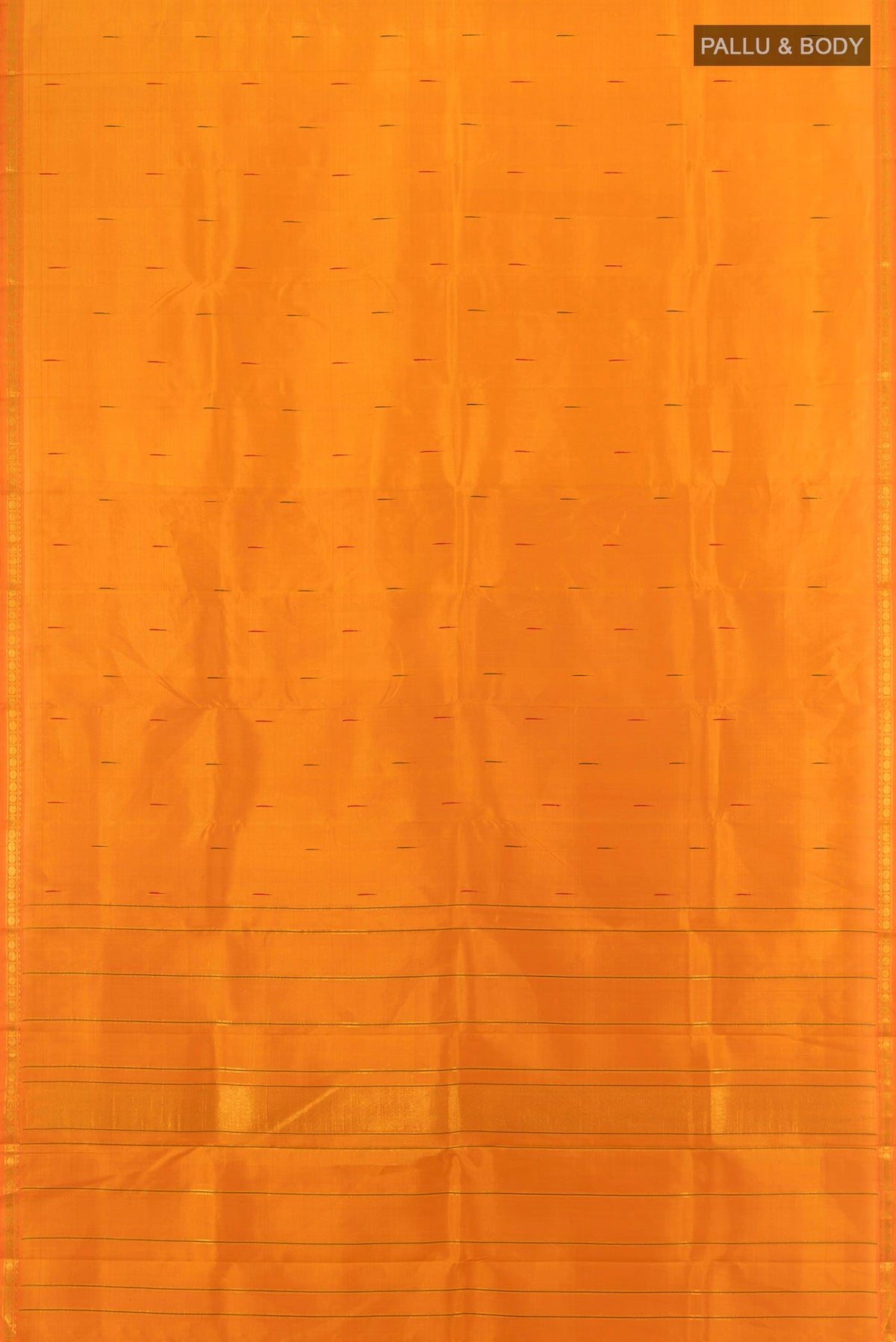 Flat view of Brick Orange Kanchipuram Silk Saree with Zari Butta on the body and Zari Border. 
