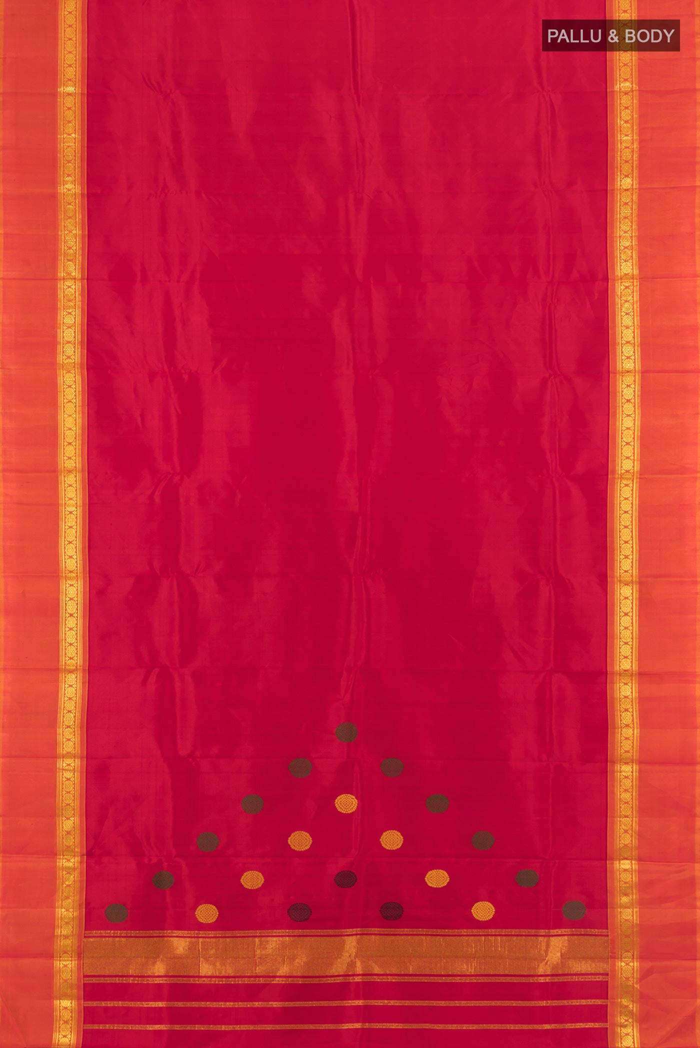 Flat view of Maroon Kanchipuram Silk Saree with Plain Body and Zari Border. 