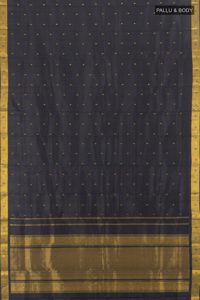 Flat view of Pure Silk Pure Zari Black Kanchipuram Saree with Zari Butta on the body and Silk Border. 