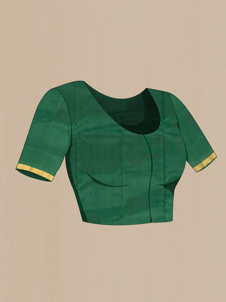 Close up image of the blouse of Bottle Green Kanchipuram Silk Saree with Zari Butta on the body and Silk Border. 