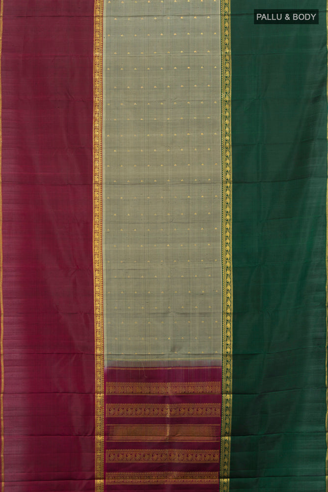 Flat view of Multi Color Kanjivaram Silk Saree with Zari Brocade on the body and Silk Border. 