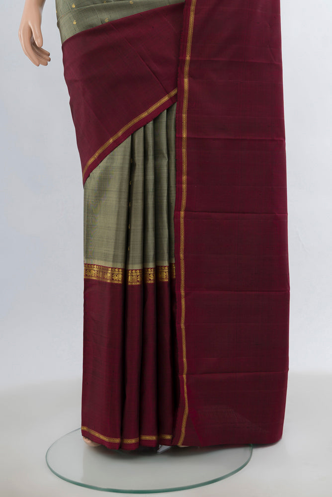 Pleats and pallu of Multi Color Kanjivaram Silk Saree with Zari Brocade on the body and Silk Border. 