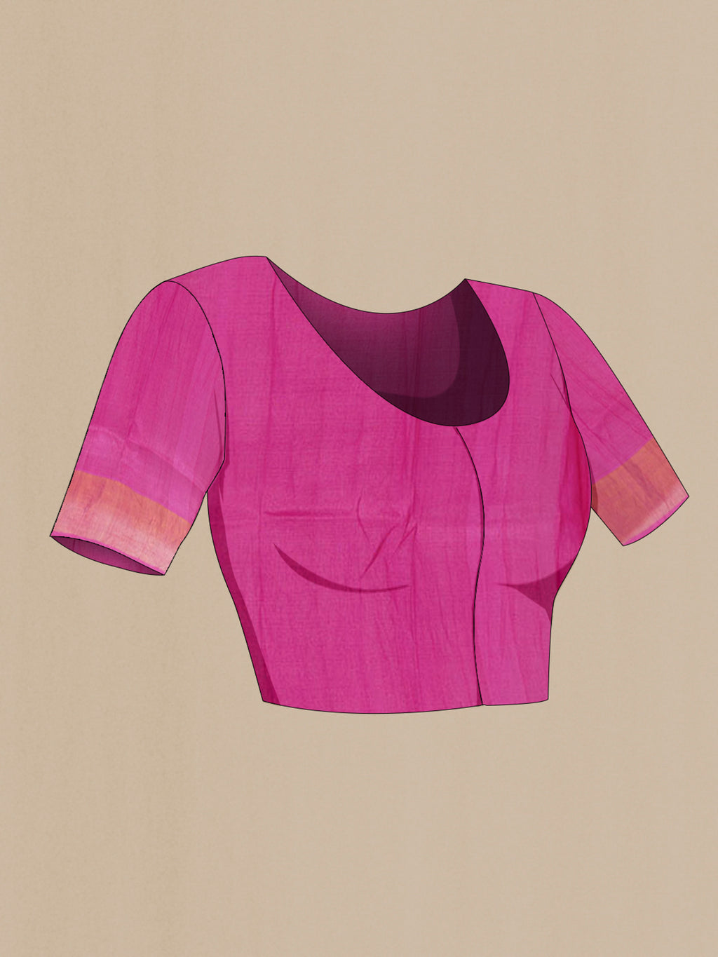 Close up image of the blouse of Pink Tussar Saree with Floral Print on the body and Zari Border. 