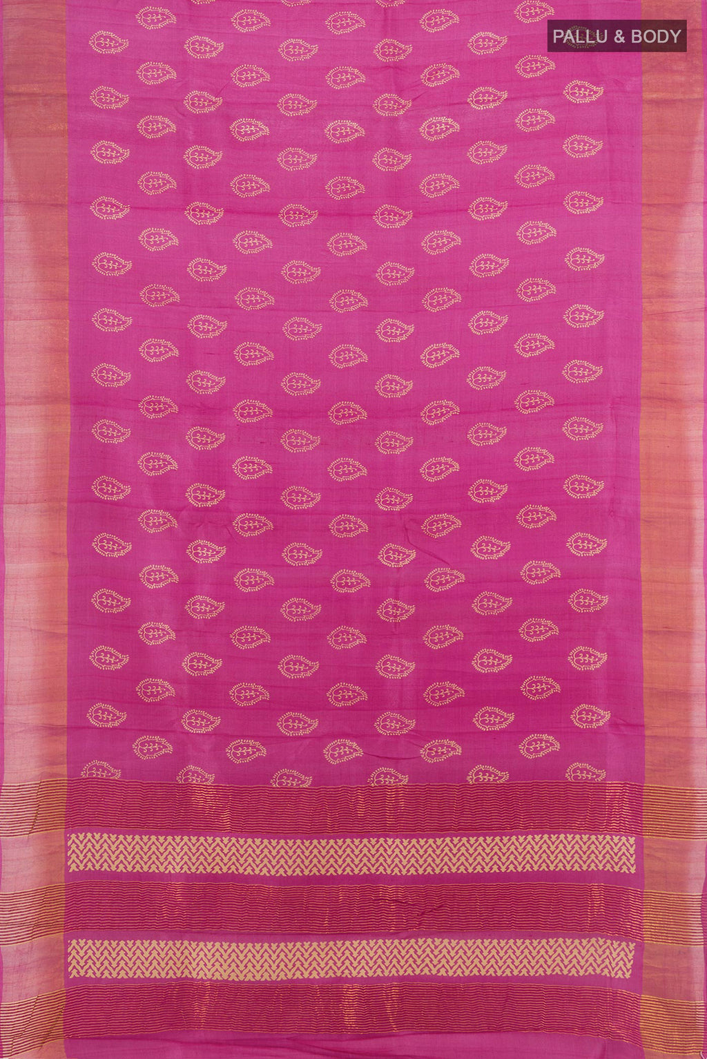 Flat view of Pink Tussar Saree with Floral Print on the body and Zari Border. 