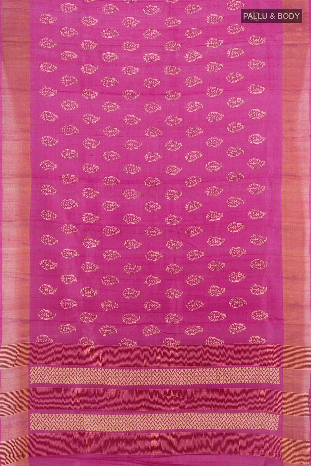 Flat view of Pink Tussar Saree with Floral Print on the body and Zari Border. 