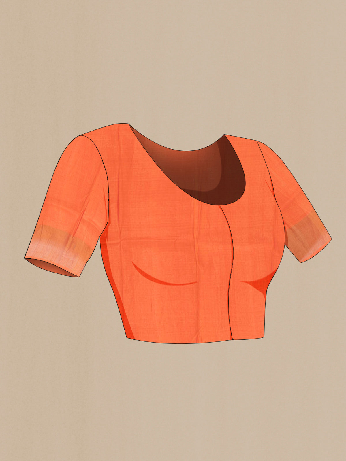 Close up image of the blouse of Orange Tussar Saree with Floral Print on the body and Zari Border. 