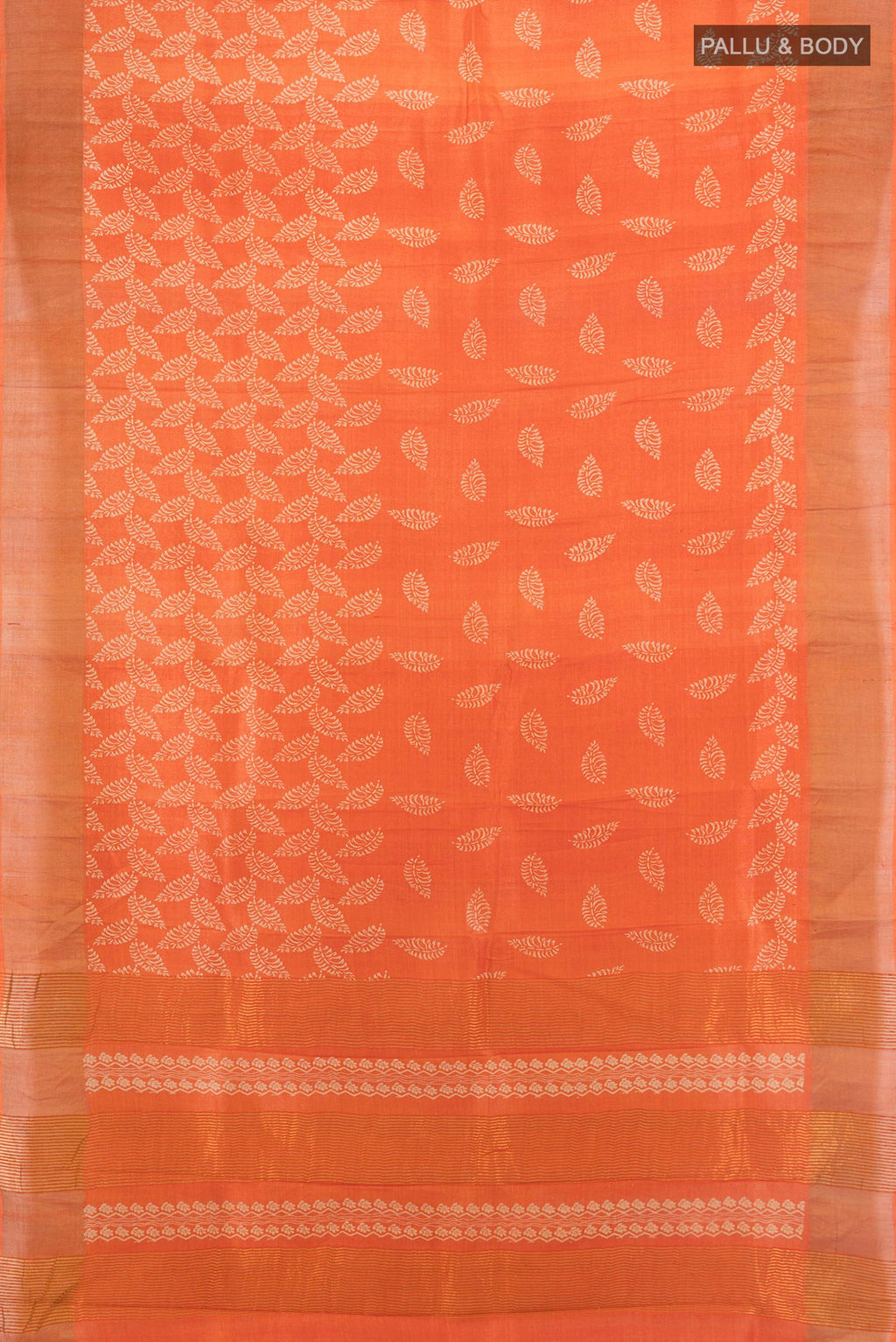 Flat view of Orange Tussar Saree with Floral Print on the body and Zari Border. 