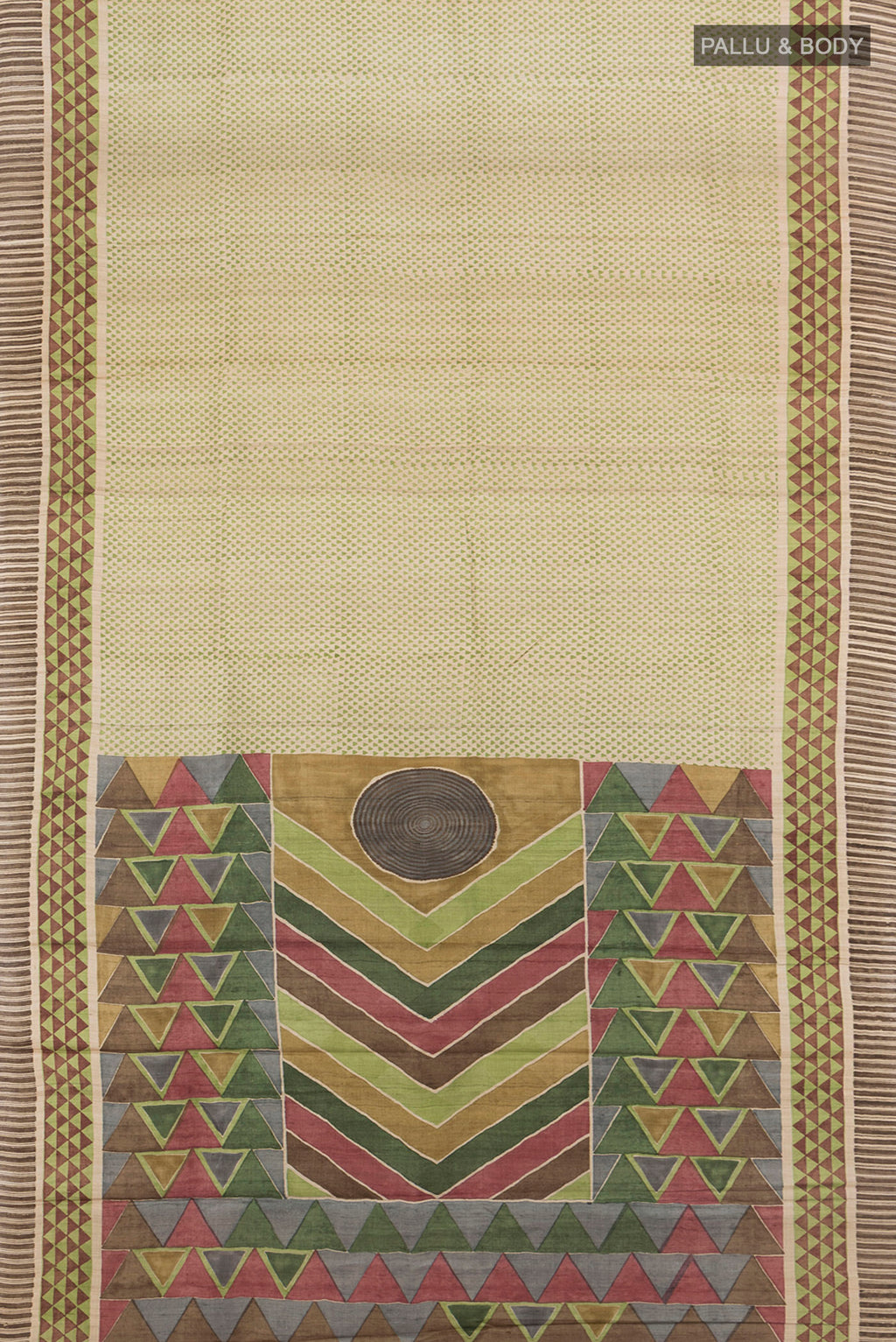 Flat view of Beige Tussar Silk Saree with Floral Print on the body and Printed Border. 