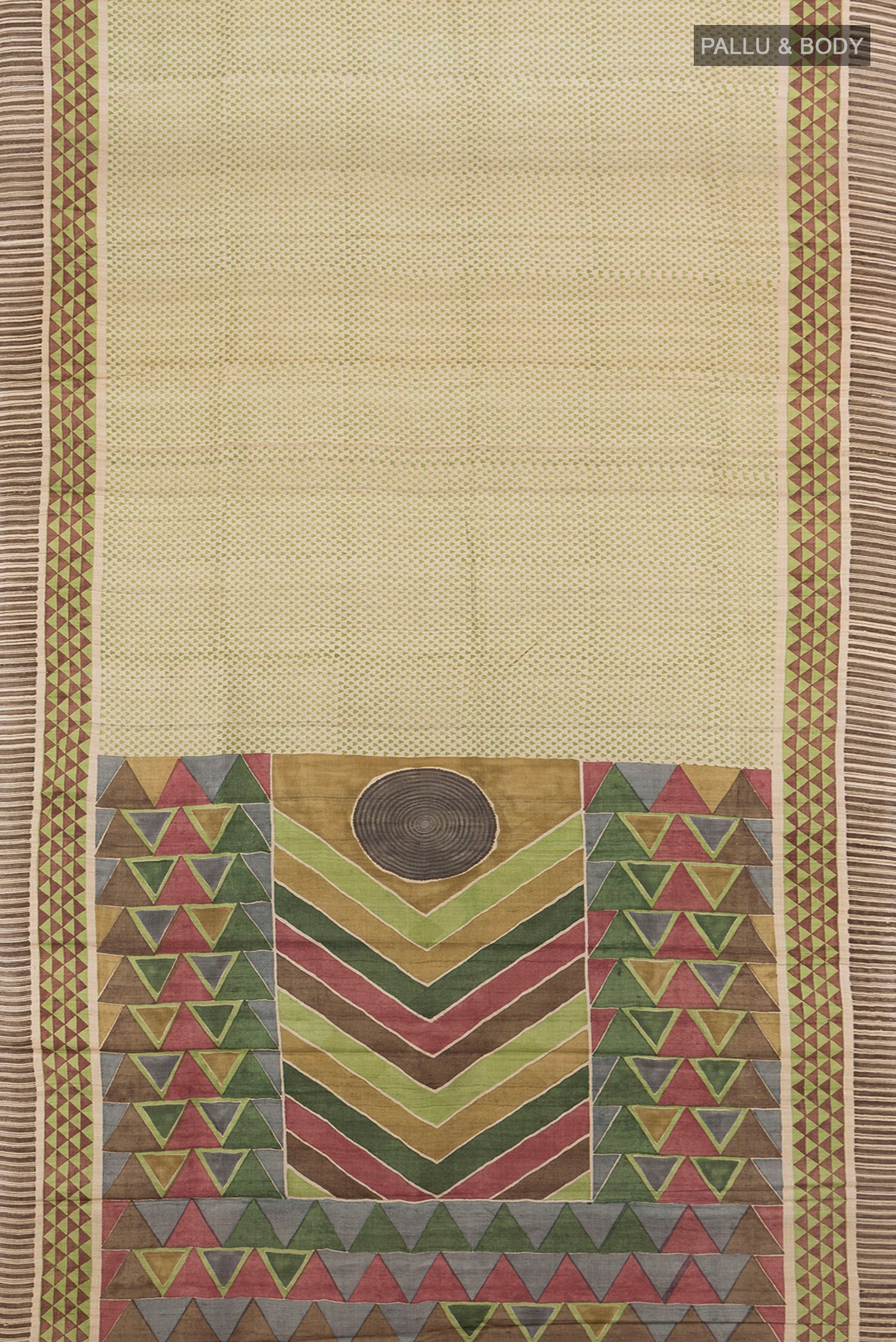 Flat view of Beige Tussar Silk Saree with Floral Print on the body and Printed Border. 