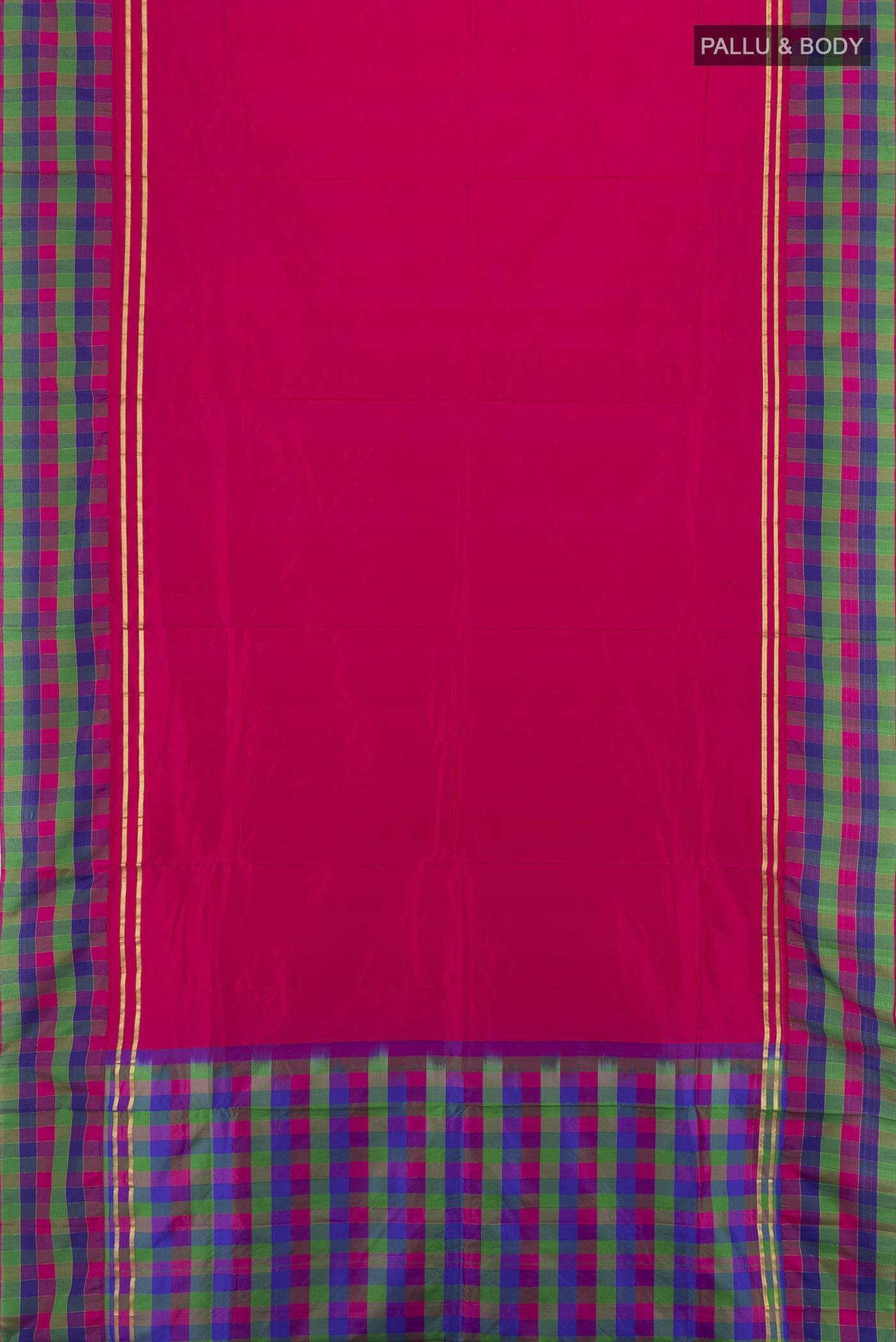 Flat view of Dark Pink Pochampally Saree with Ikat Print on the body and Silk Border. 