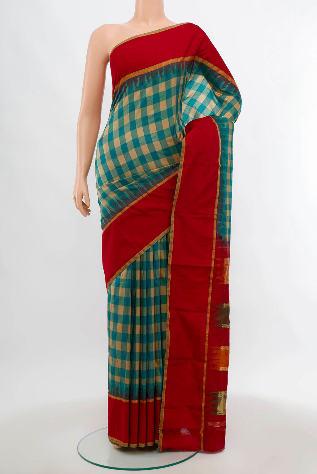 Multi Color Pochampally Saree with Zari Butta on the body and Silk Border.  displayed on a mannequin