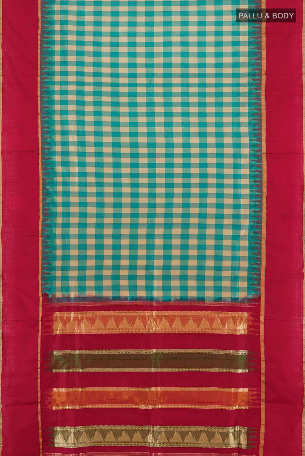 Flat view of Multi Color Pochampally Saree with Zari Butta on the body and Silk Border. 