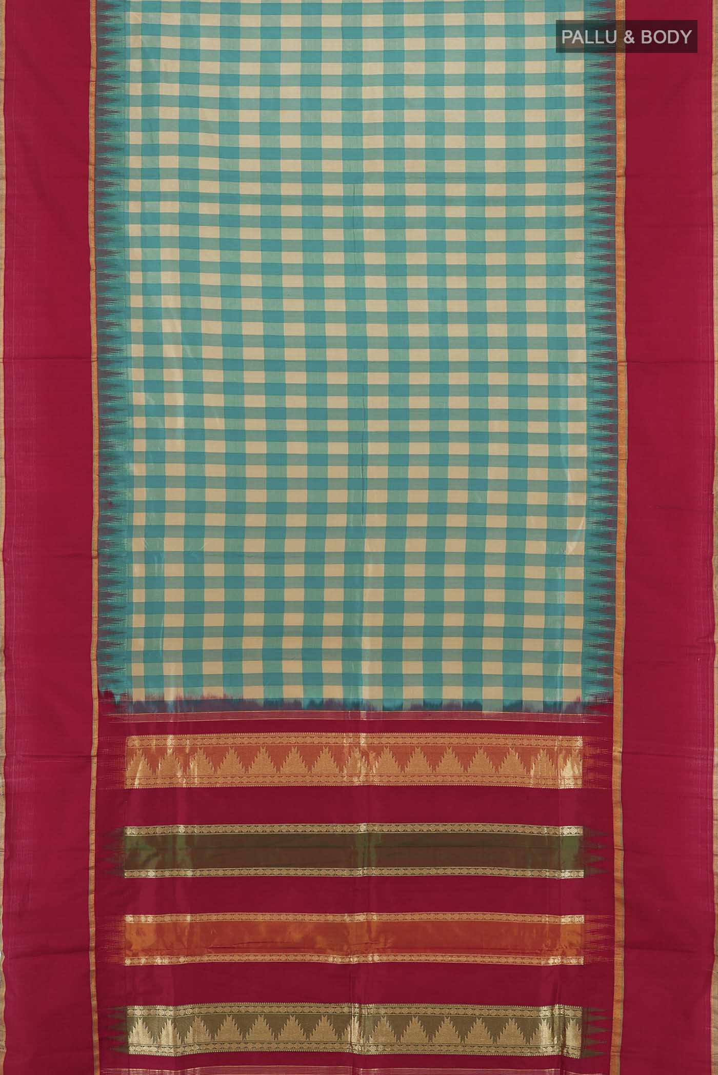 Flat view of Multi Color Pochampally Saree with Zari Butta on the body and Silk Border. 