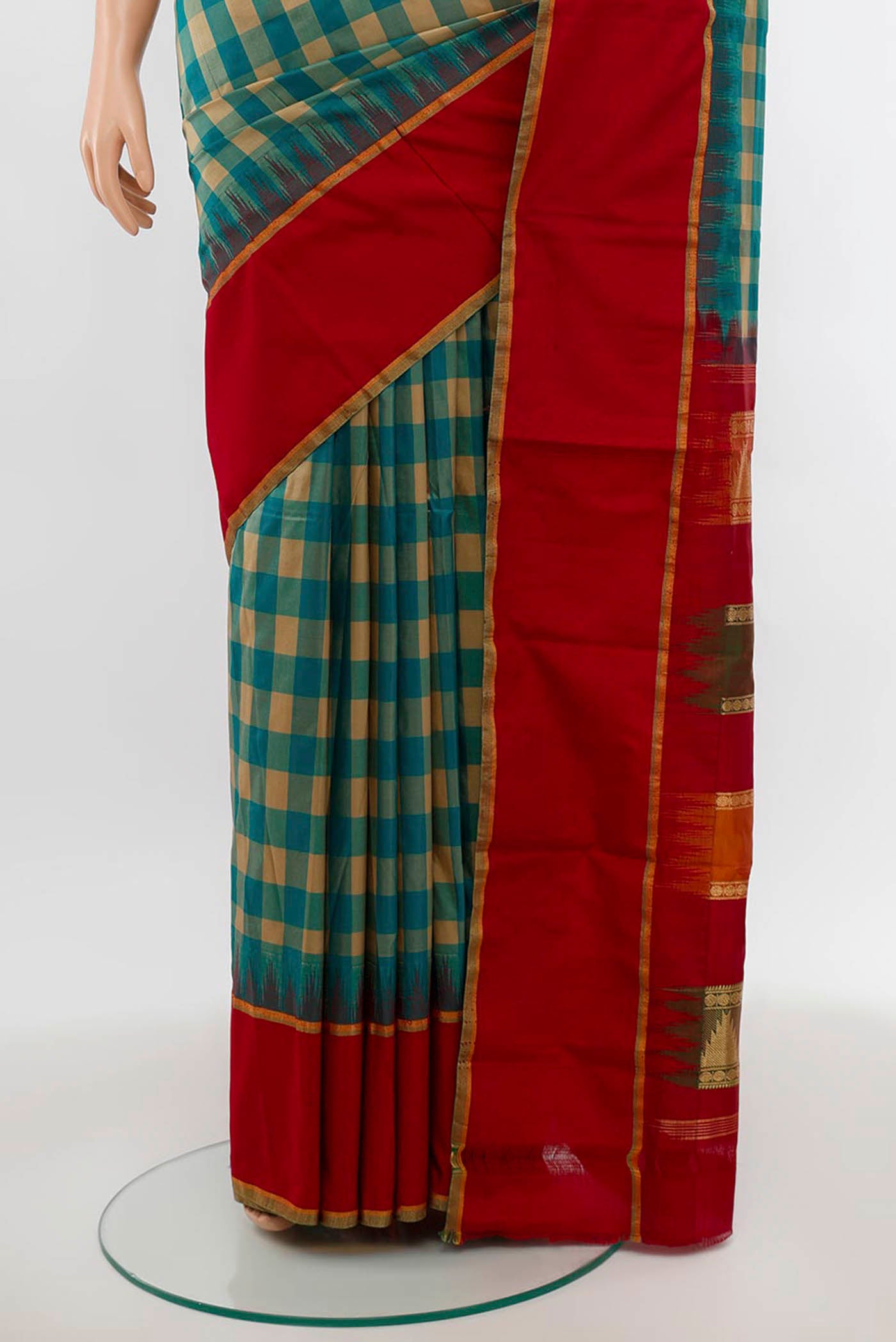 Pleats and pallu of Multi Color Pochampally Saree with Zari Butta on the body and Silk Border. 