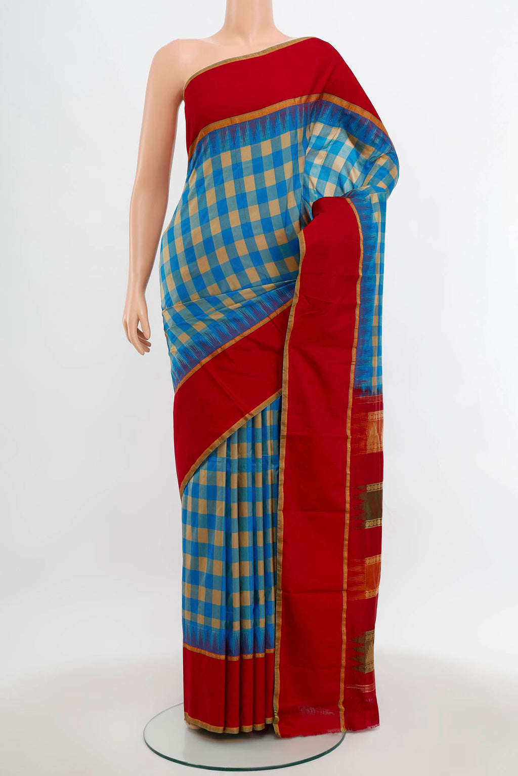 Multi Color Bangalore Silk - kadyal Saree with Checked design on the body and Silk Border.  displayed on a mannequin