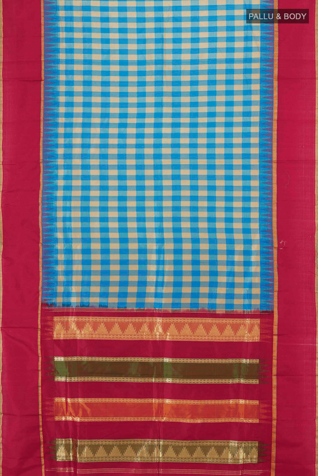 Flat view of Multi Color Bangalore Silk - kadyal Saree with Checked design on the body and Silk Border. 