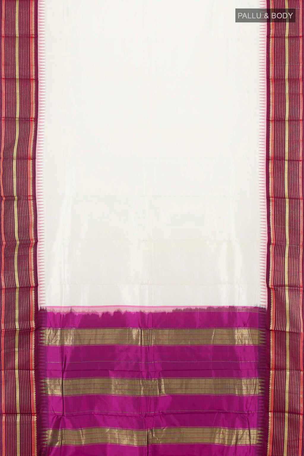 Flat view of Cream Pochampally Saree with Zari Butta on the body and Silk Border. 