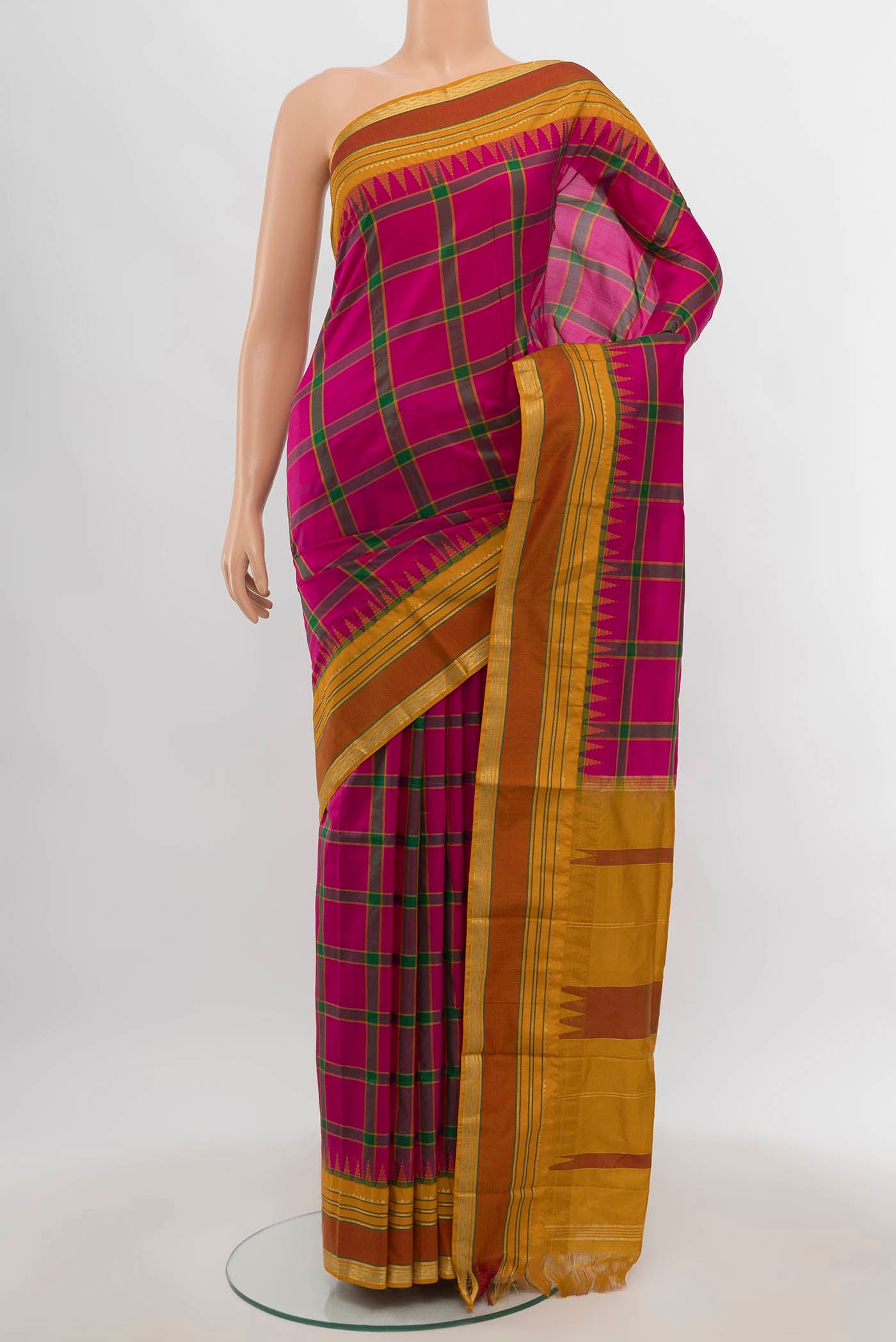 Multi Color Bangalore Silk - kadyal Saree with Zari Butta on the body and Fancy Border.  displayed on a mannequin