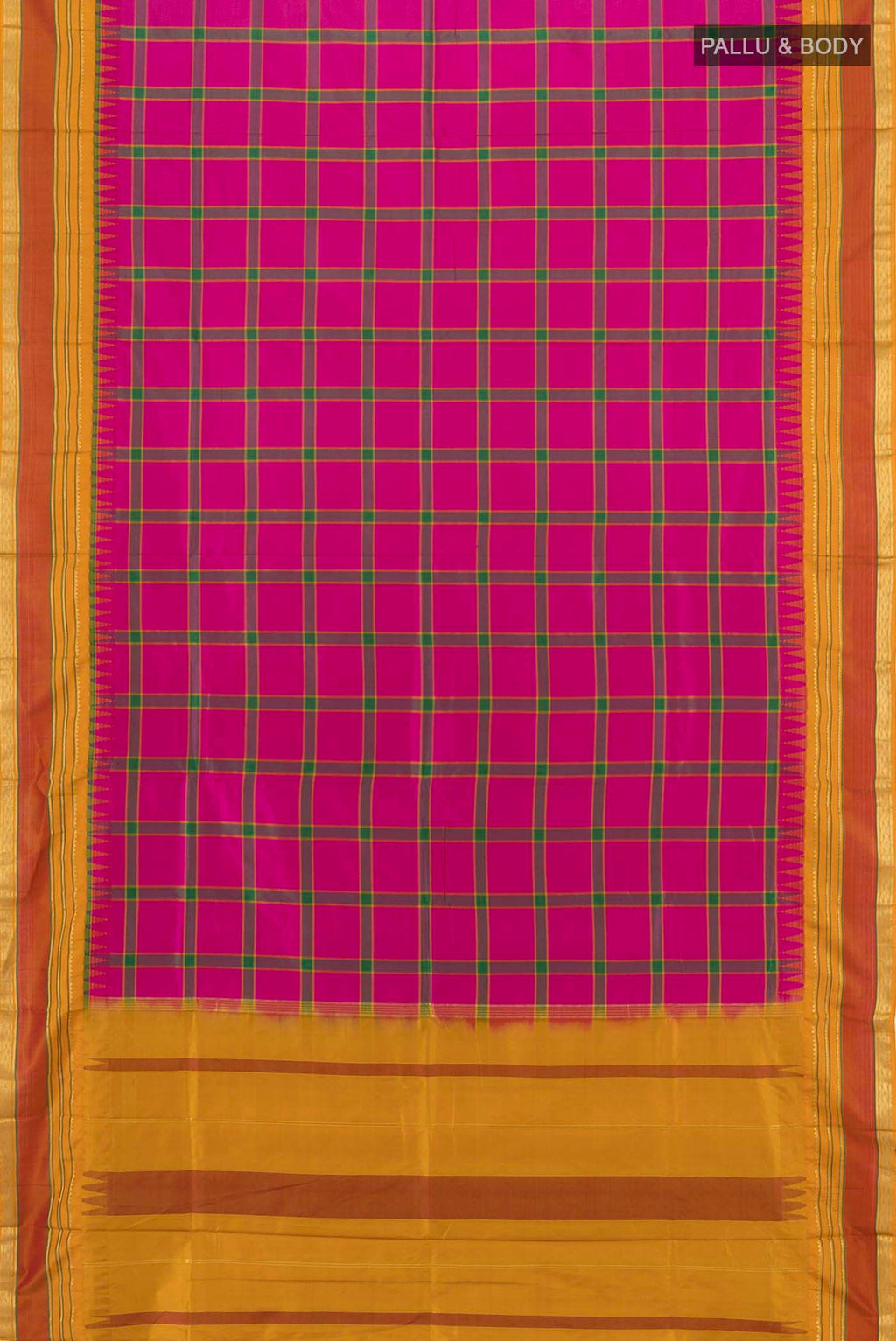 Flat view of Multi Color Bangalore Silk - kadyal Saree with Zari Butta on the body and Fancy Border. 