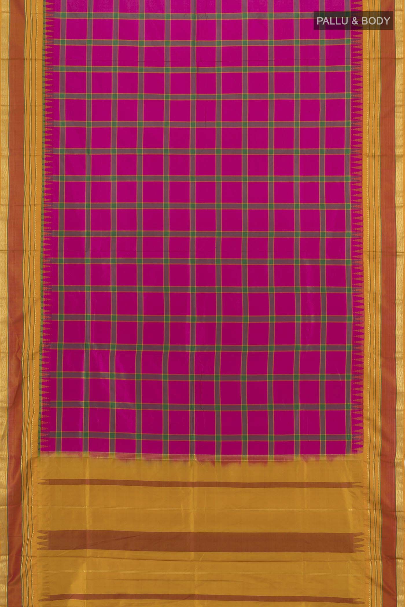 Flat view of Multi Color Bangalore Silk - kadyal Saree with Zari Butta on the body and Fancy Border. 