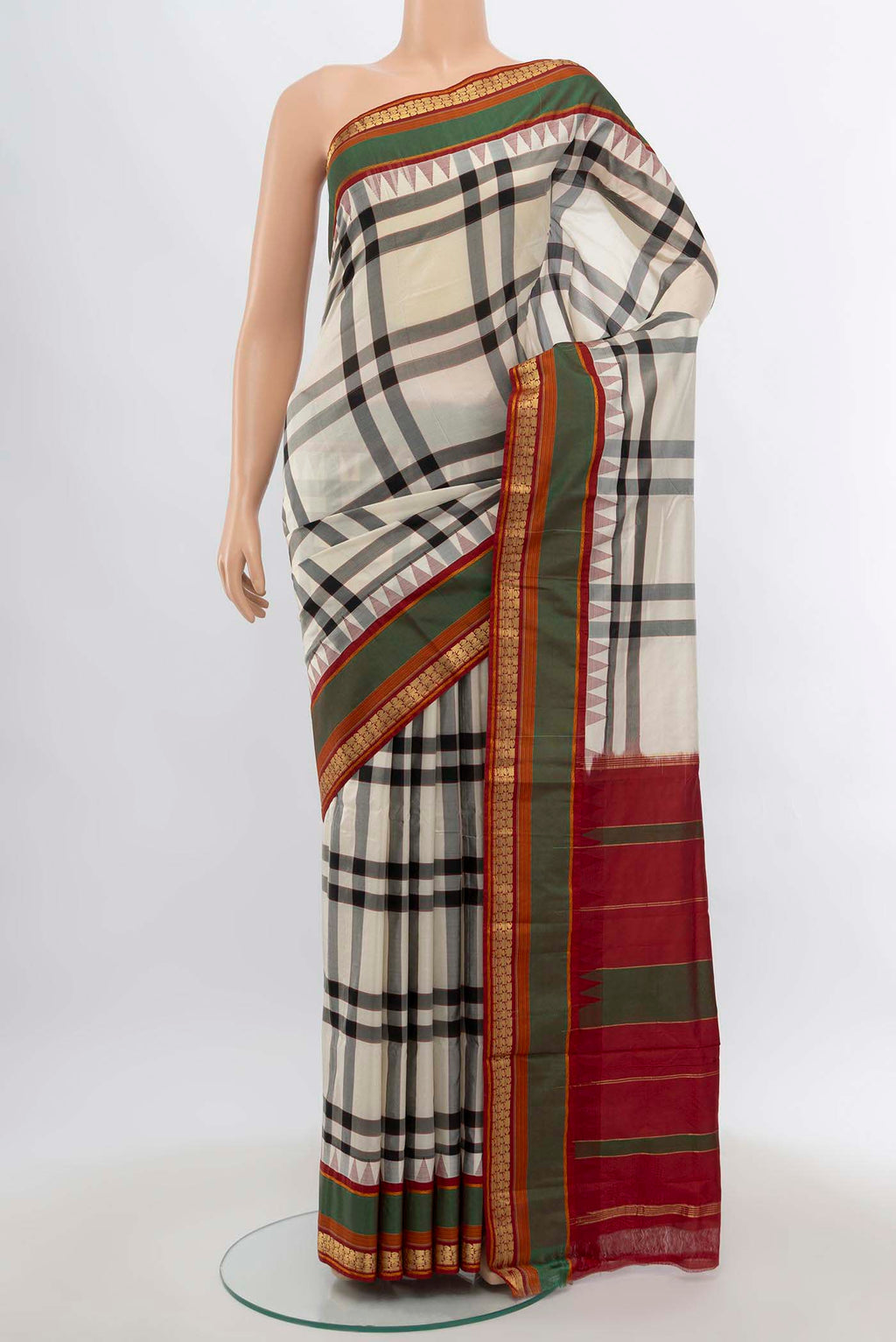 Multi Color Bangalore Silk - kadyal Saree with Zari Butta on the body and Fancy Border.  displayed on a mannequin